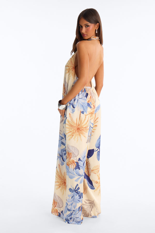 Sunset Party Backless Wide Leg Jumpsuit - Blue/Combo