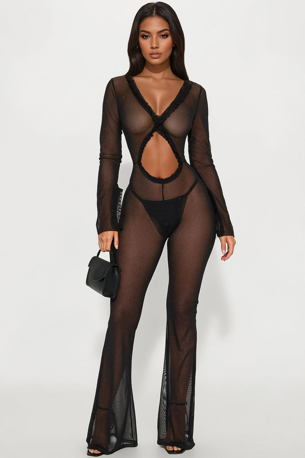 Stars Align Mesh Glitter Jumpsuit - Black