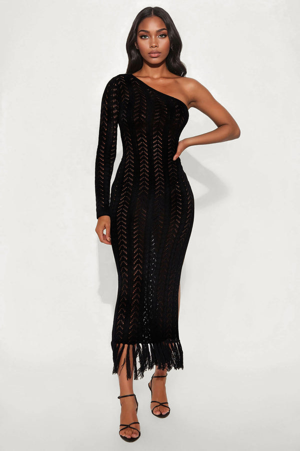 Rayna Crochet One Shoulder Maxi Dress - Black