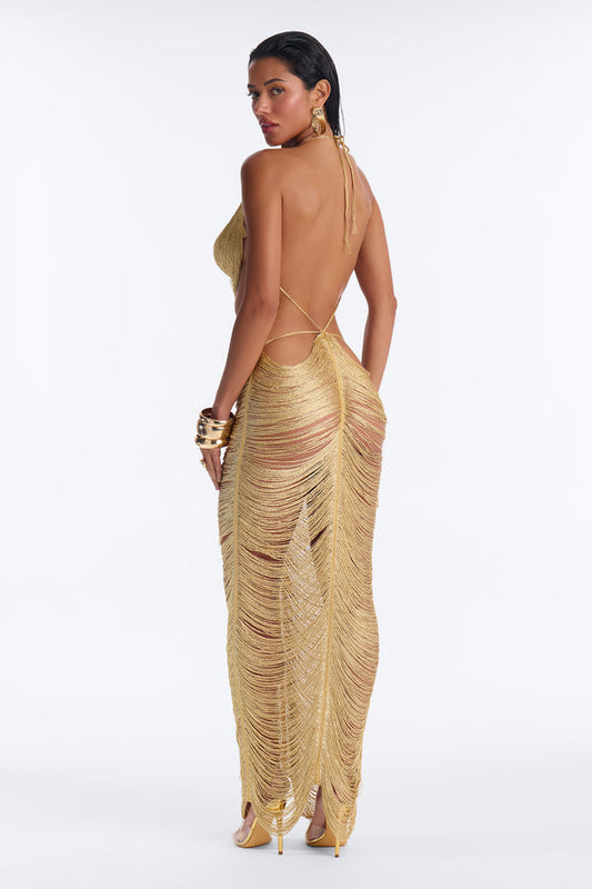 She's A Star Metallic Fringe Maxi Dress - Gold