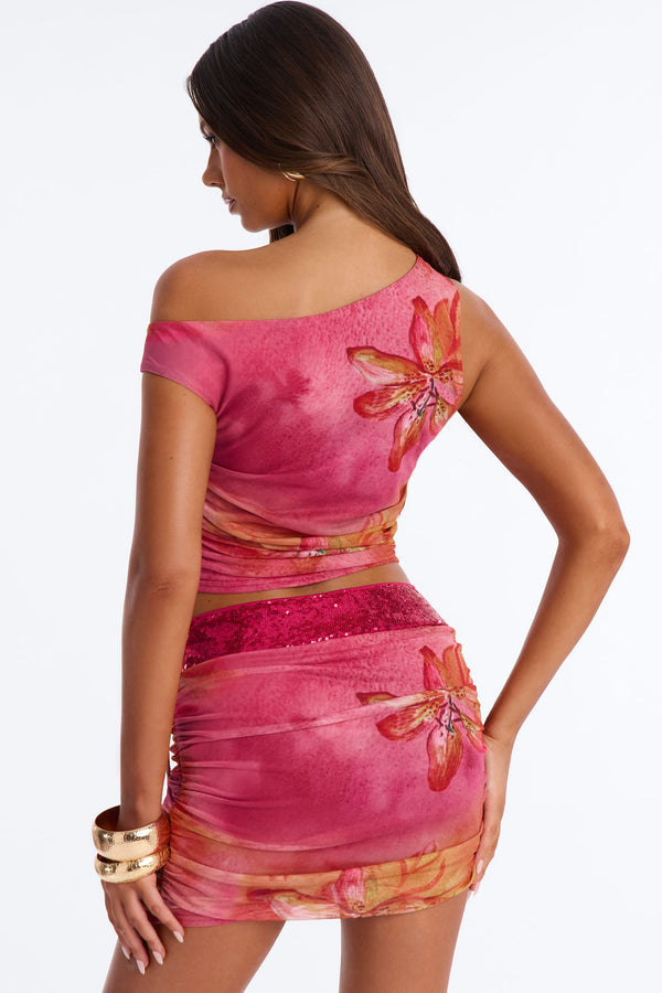 Tropic Like It's Hot Mesh And Sequin Mini Skirt Set - Pink Combo
