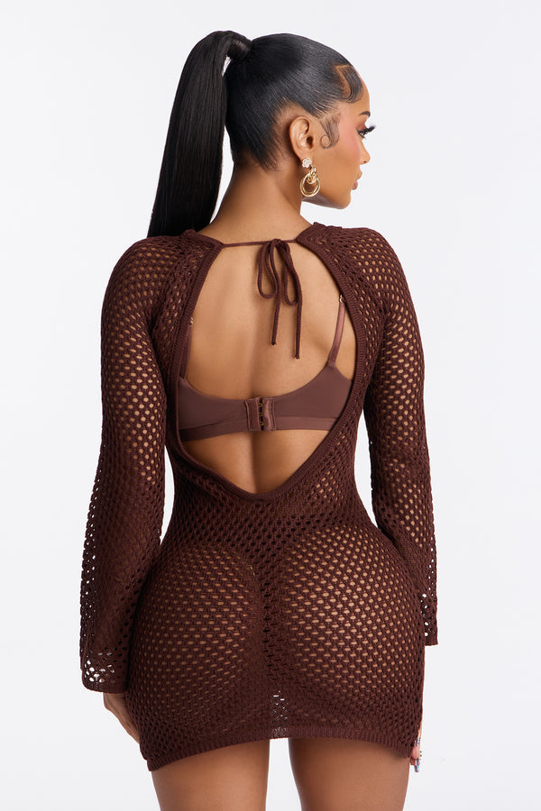 Cassie Crochet Deep Scoop Backless Cover Up Dress - Chocolate