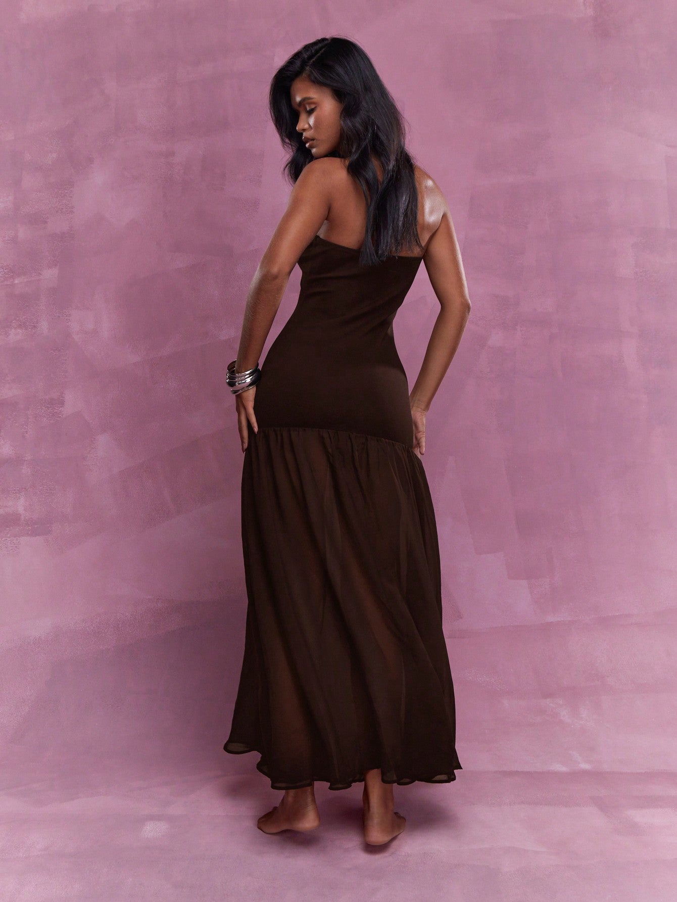 Bandeau Sheer Ruffle Hem Maxi Dress - Brown
