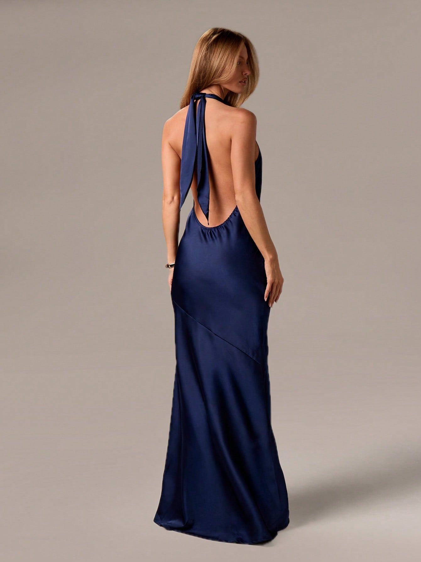 Halter Neck Backless Evening Gown - Blue