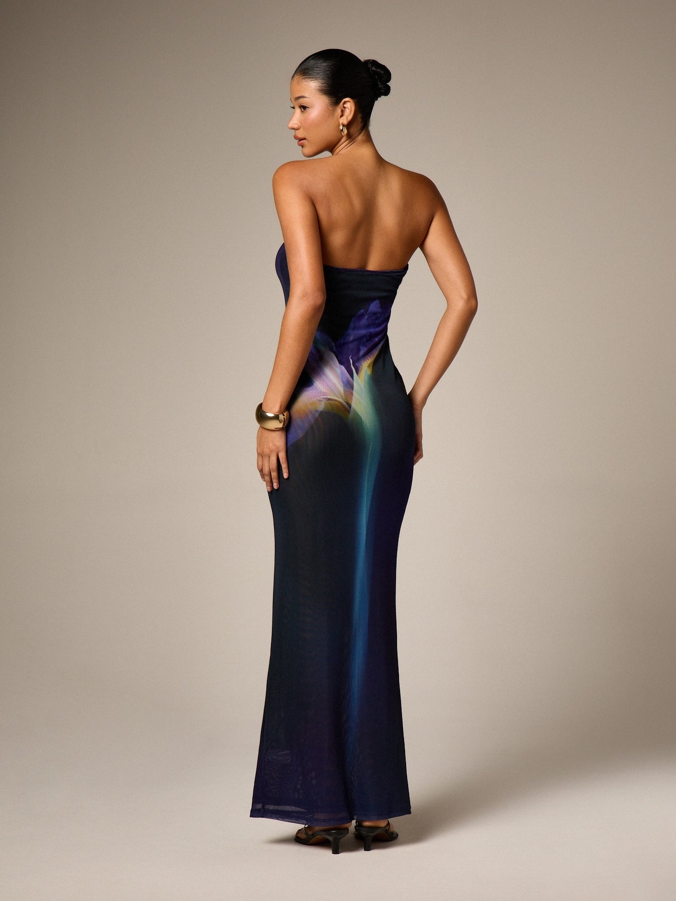 Strapless Purple Floral Mesh Maxi Dress - Multicolor