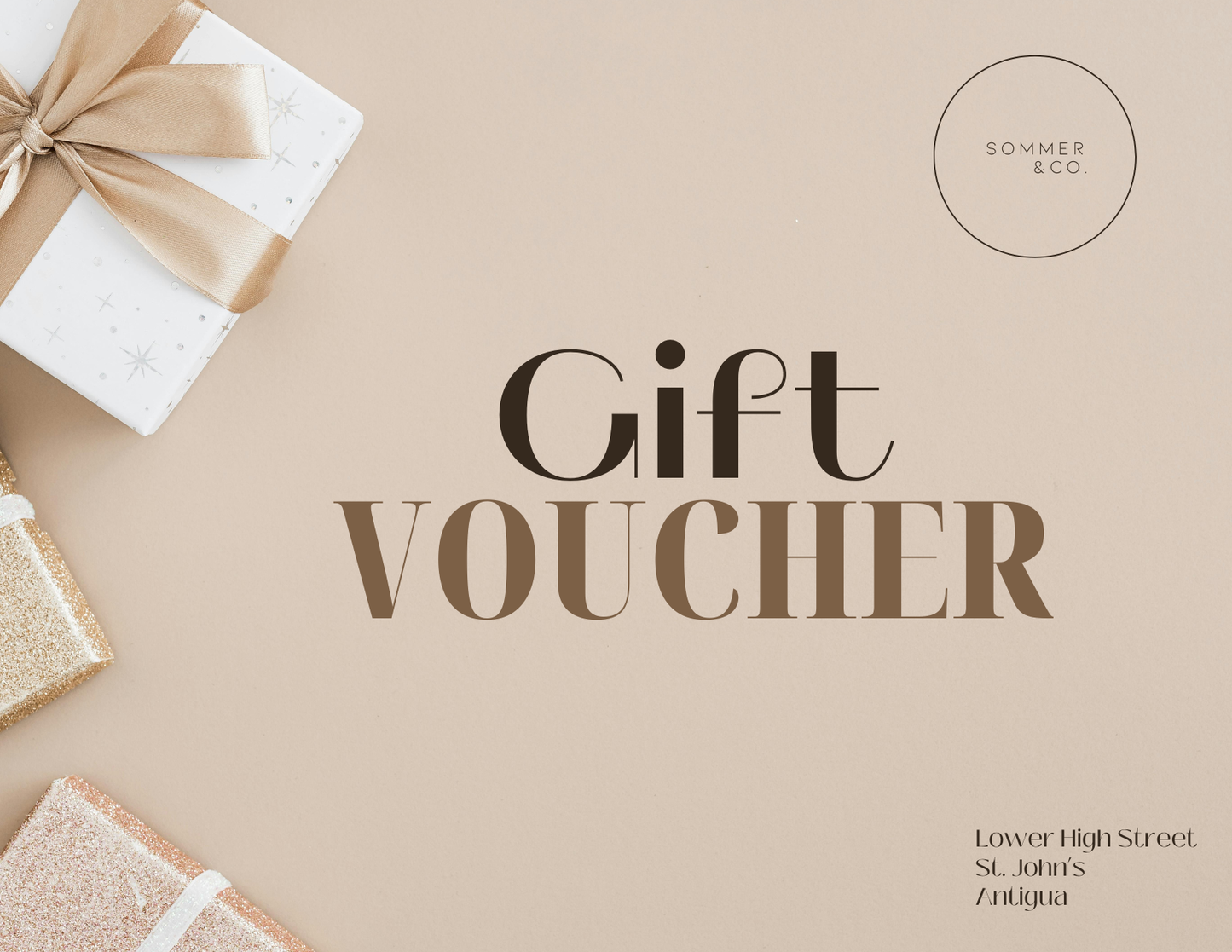 Gift voucher design with a bow-tied gift box on a beige background, featuring the brand 'Sommer & Co'.
