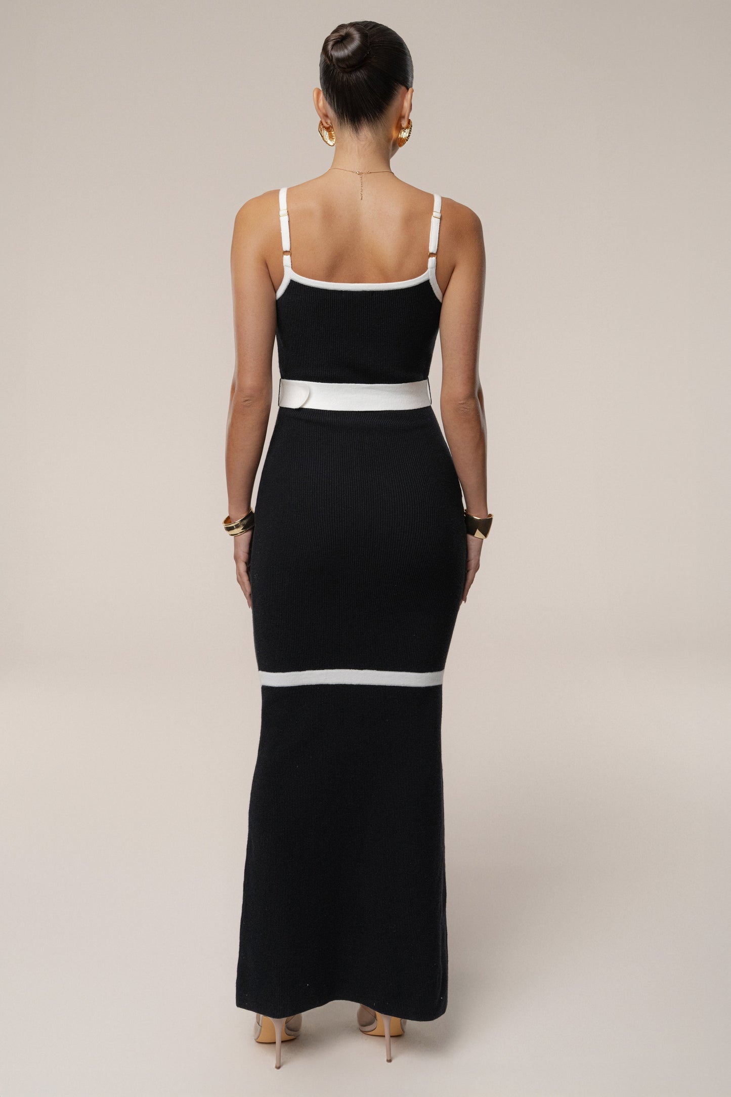 Black/Ivory Belted Cami Maxi Dress