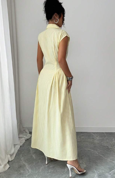 Lili House Striped Pleated Long Dress - Yellow