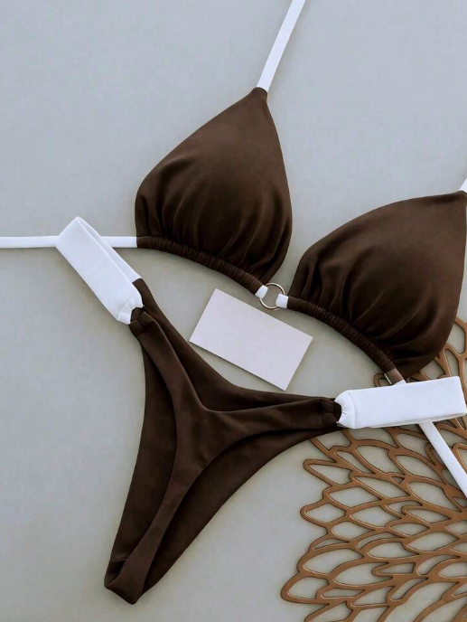 Contrast Halter Tie Bikini Set - Coffee Brown