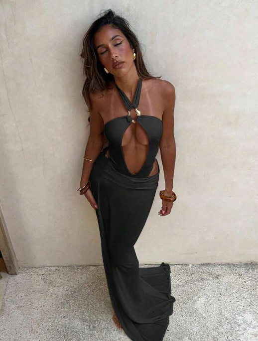 Metal Ring Bikini Skirt Set - Black
