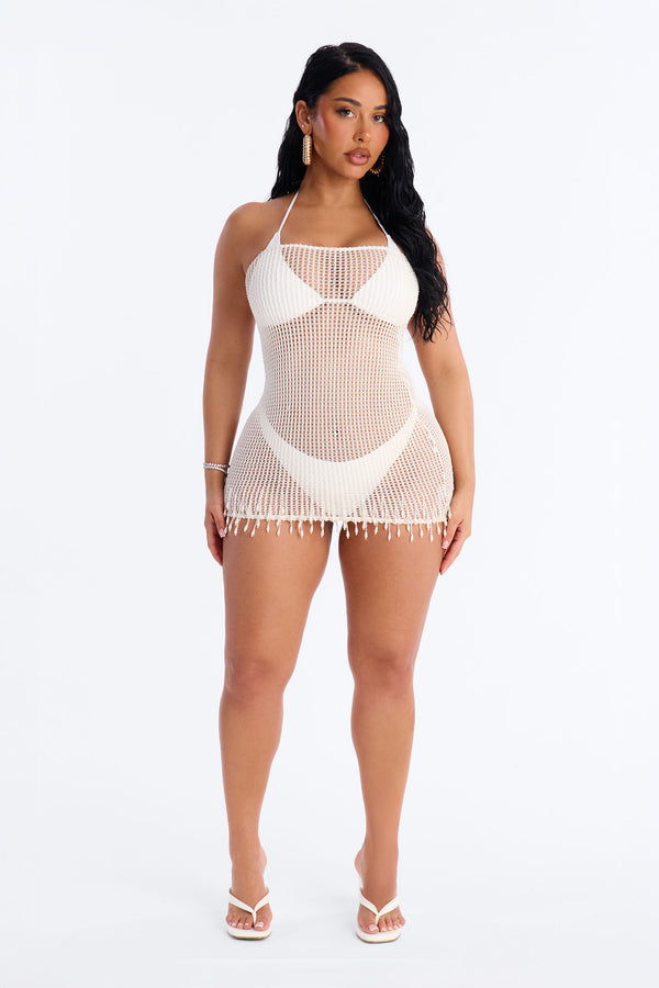 Macha And Sea Breeze Crochet Beaded Fringe Trim Strapless Mini Swim Cover Up Dress - Cream