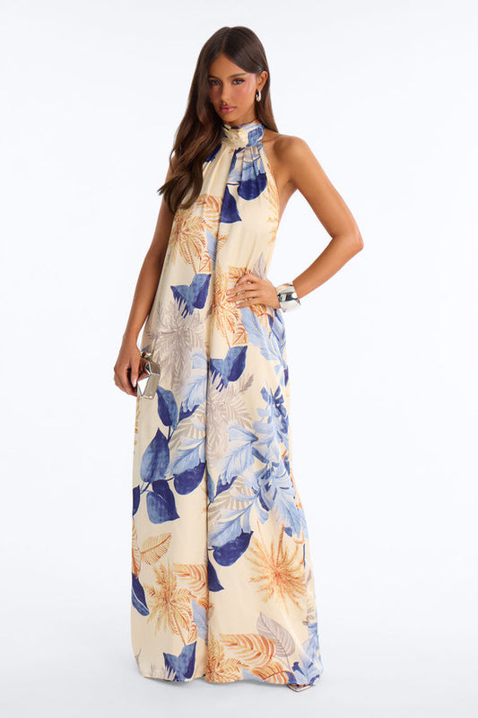 Sunset Party Backless Wide Leg Jumpsuit - Blue/Combo
