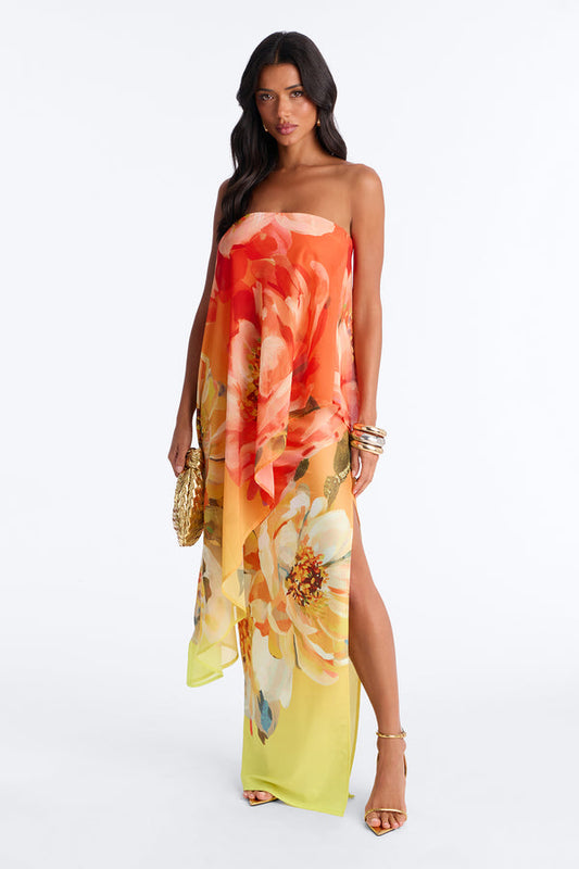 Amber Strapless Chiffon Maxi Dress - Orange Combo