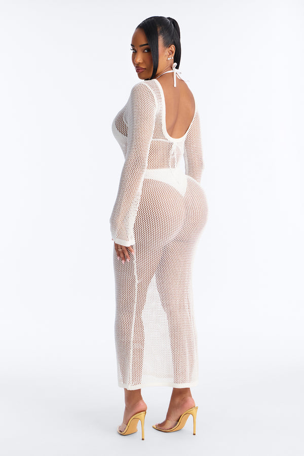 Coastal Veil Crochet Cover Up Bell Sleeve Dress - White