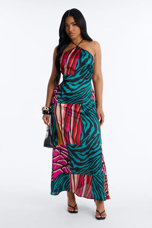Cabana Cutie Satin Maxi Dress - Teal/Combo