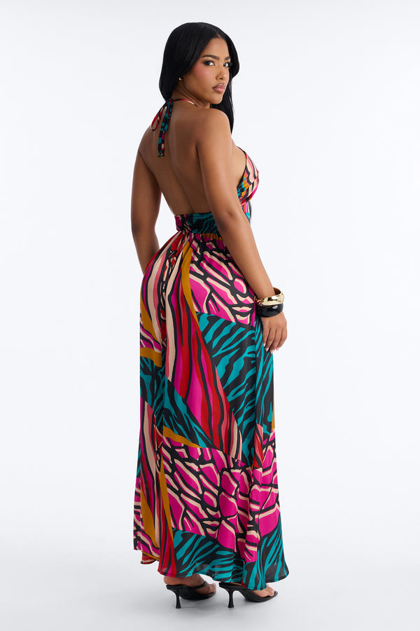 Cabana Cutie Satin Maxi Dress - Teal/Combo