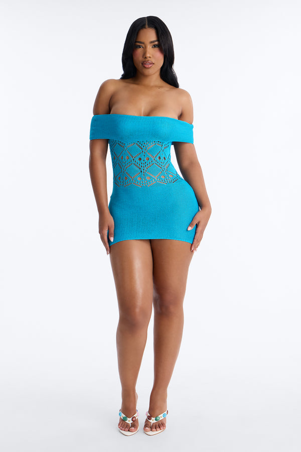 Kaitlin Off Shoulder Crochet Mini Dress - Turquoise