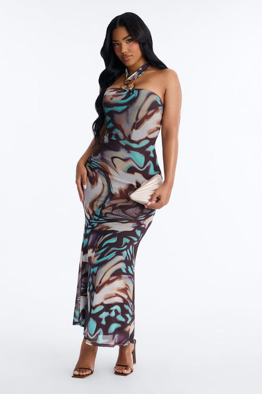 Bad Habits Halter Mesh Maxi Dress - Brown/Combo