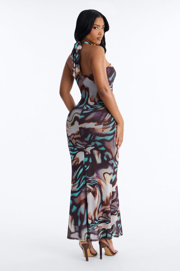 Bad Habits Halter Mesh Maxi Dress - Brown/Combo