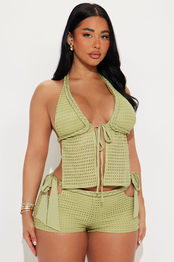 Tropical Ties Crochet Halter Short Set - Sage