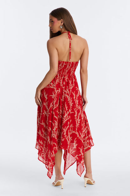 Nina Print Chiffon Midi Dress - Red/Combo