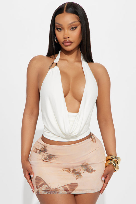 Twice As Charming Cowl-Neck Halter Top - Cream