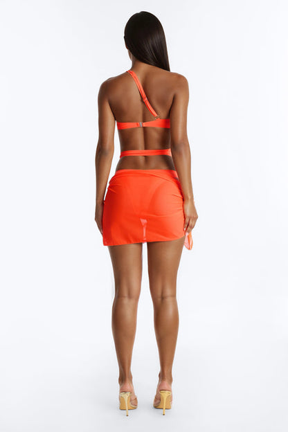 Sunset Fever 1 Piece Strappy One Shoulder Swimsuit & Cover Up Sarong Sunsuit - Neon Orange