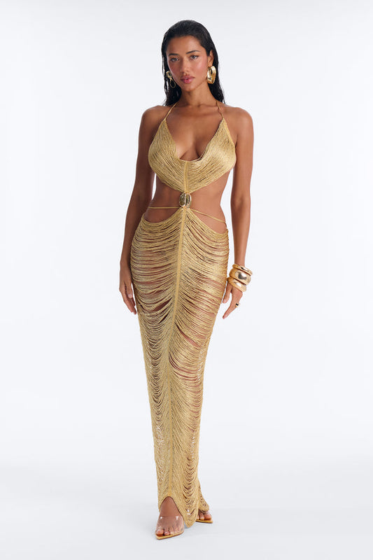 She's A Star Metallic Fringe Maxi Dress - Gold