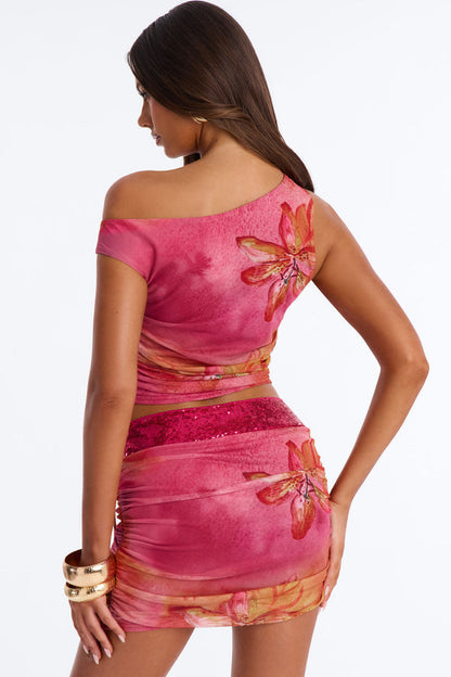 Tropic Like It's Hot Mesh And Sequin Mini Skirt Set - Pink Combo