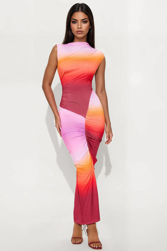 Candy Skies Ombre Asymmetrical Maxi Dress - Orange/Combo