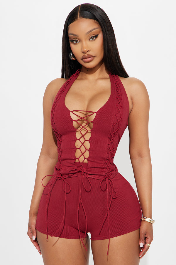 Midnight Madness Lace Up Halter Top And Short Set - Red