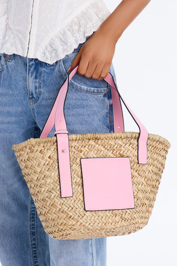 Sunday Picnic Straw Tote Handbag - Pink Combo