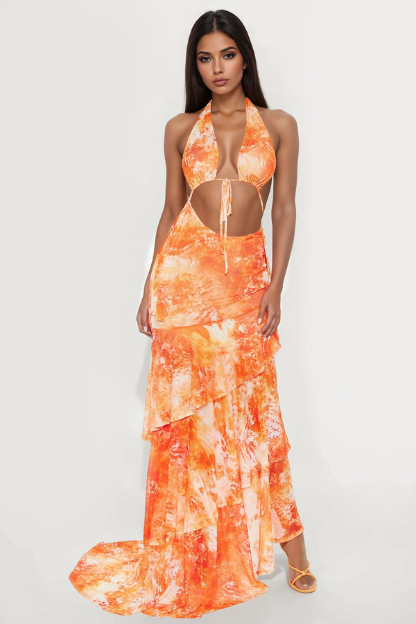 Jenny Ruffle Mesh Maxi Dress - Orange/combo