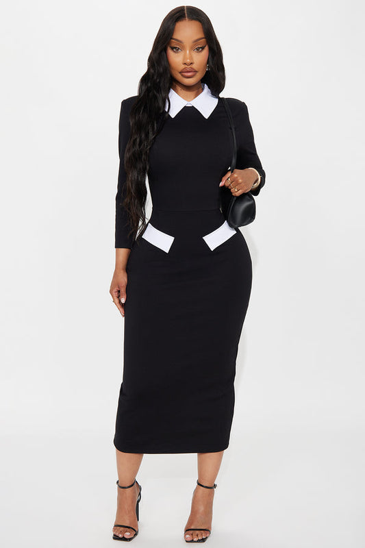 All Business 3/4 Sleeve Ponte Midi Dress - Black/White