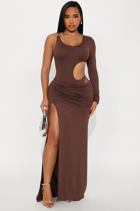Spend It Asymmetrical Maxi Dress - Brown