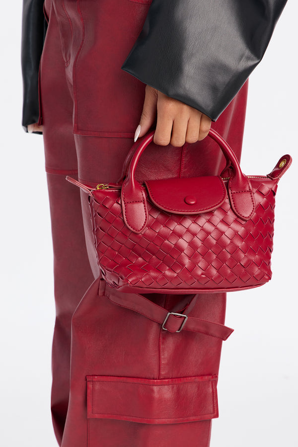 Ayla Woven Mini Faux Leather Satchel Handbag - Burgundy