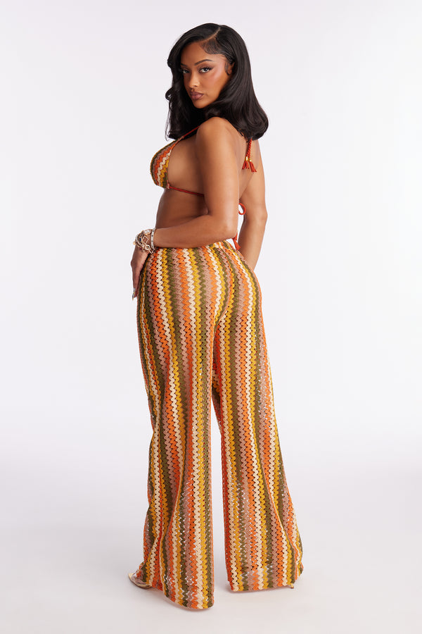 Cassandra Crochet 3 Piece Bikini & Pants Set - Orange Combo