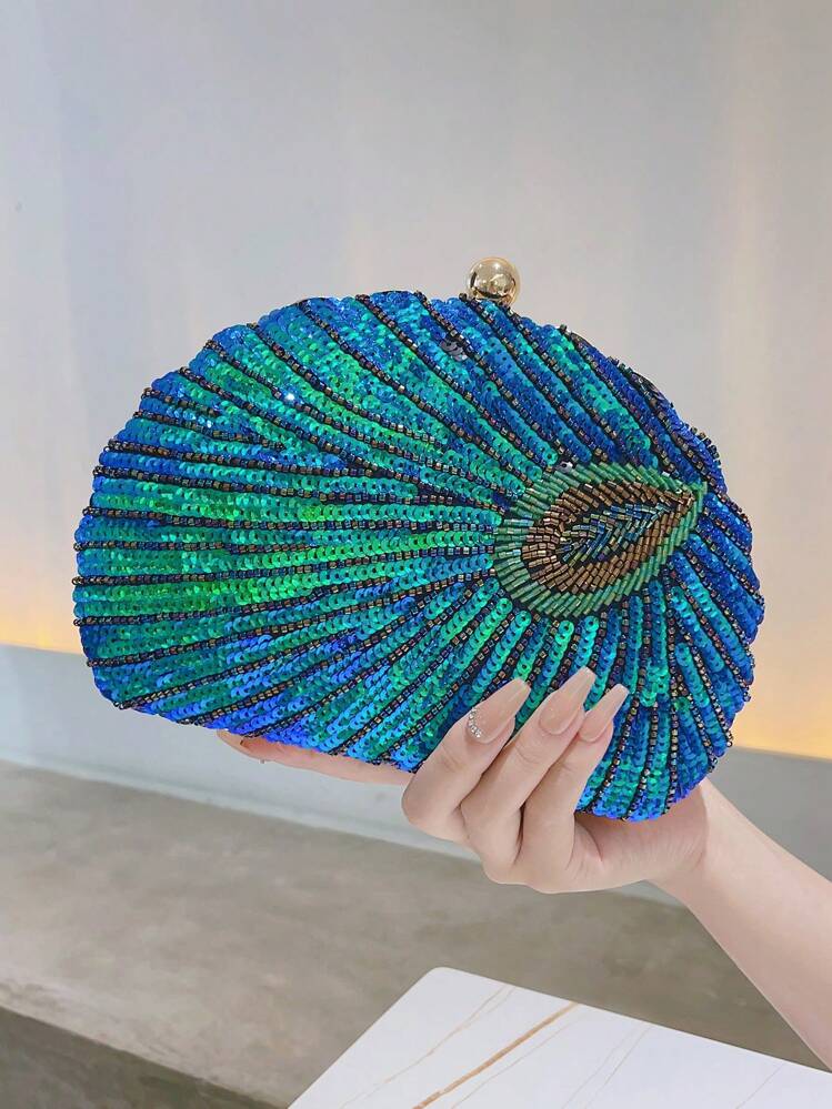 Blue Peacock Sequin Clutch