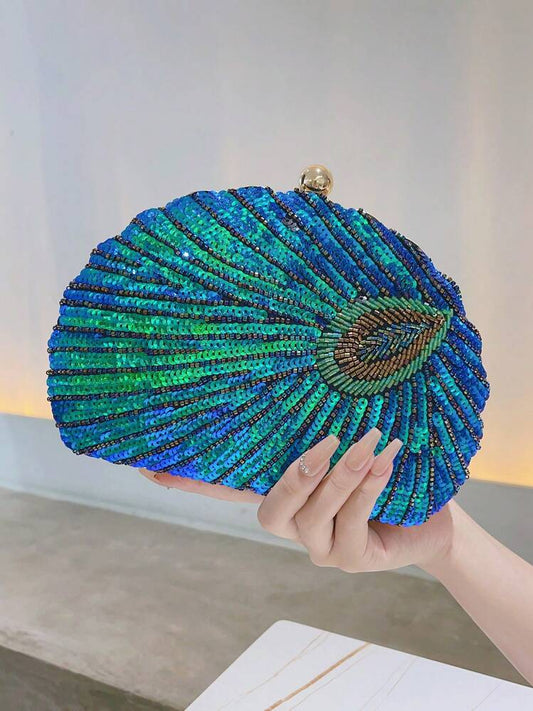 Blue Peacock Sequin Clutch