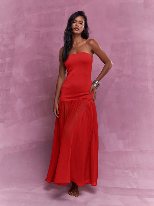 Boho Ruffle Hem Bandeau Maxi Dress - Red