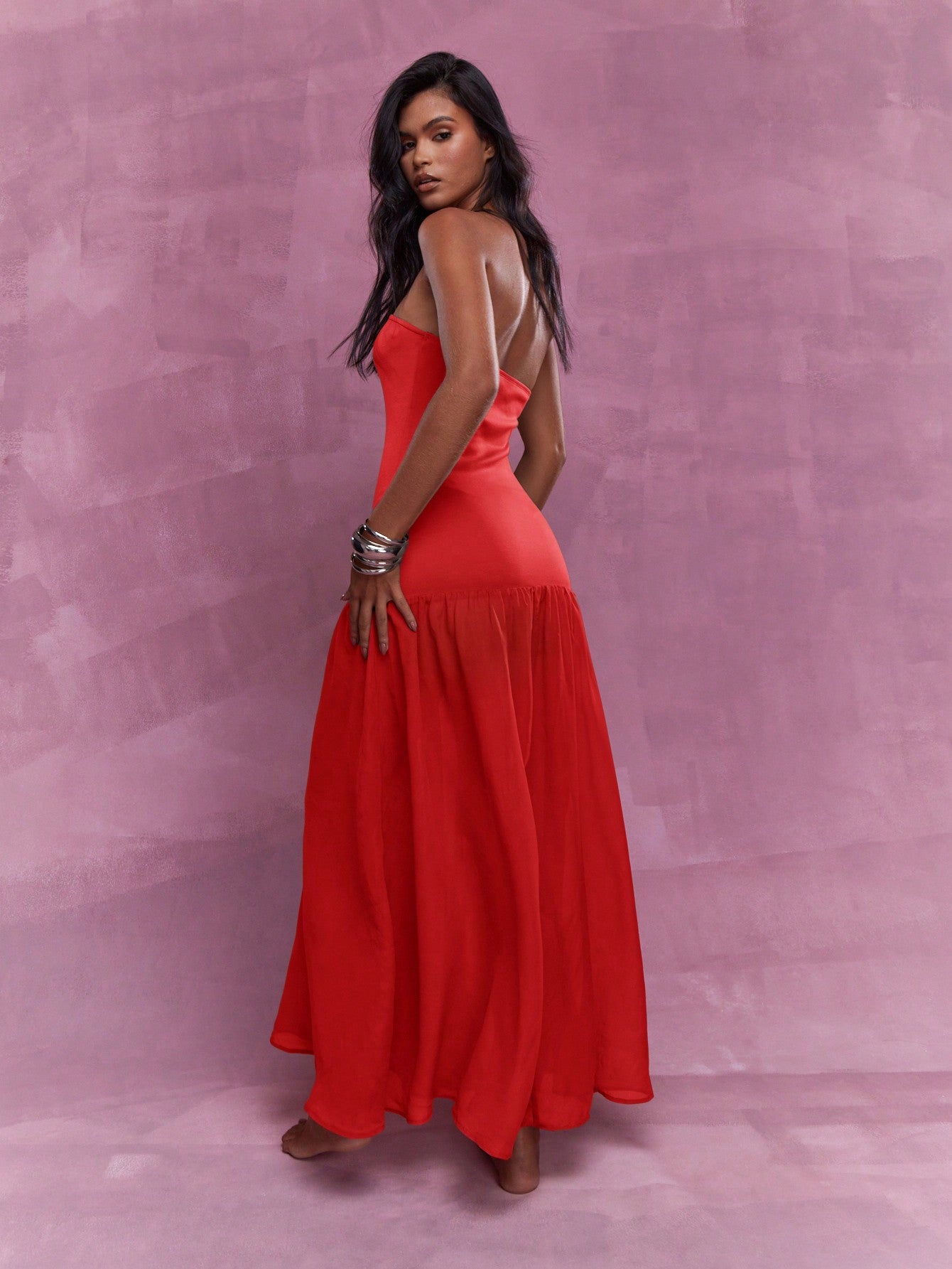 Boho Ruffle Hem Bandeau Maxi Dress - Red