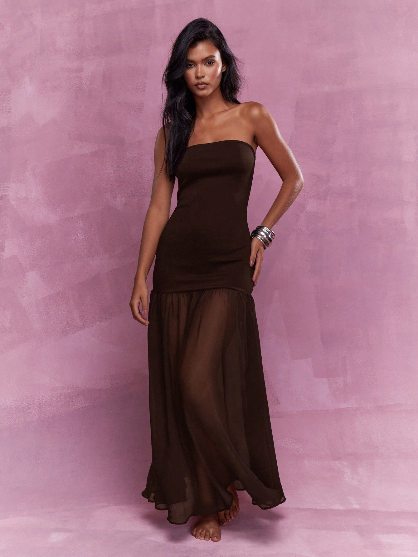 Bandeau Sheer Ruffle Hem Maxi Dress - Brown