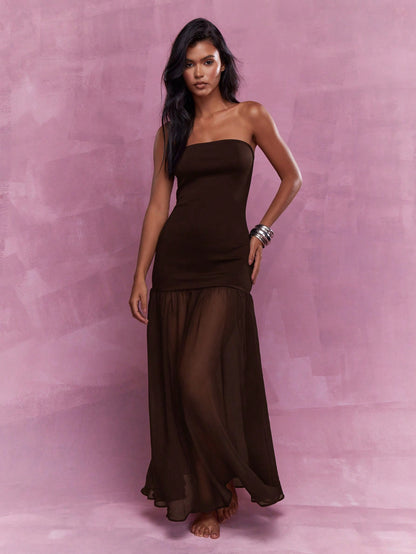 Bandeau Sheer Ruffle Hem Maxi Dress - Brown