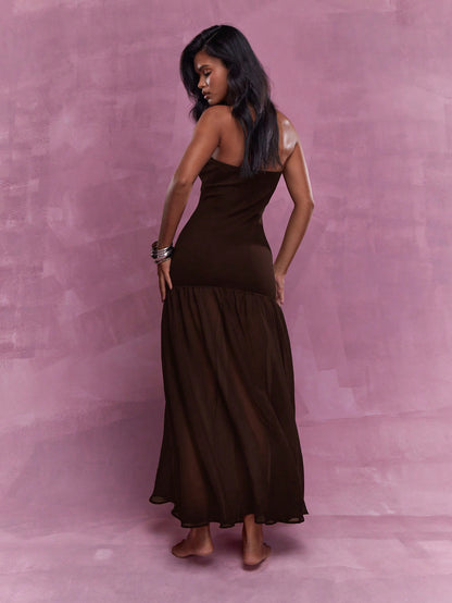 Bandeau Sheer Ruffle Hem Maxi Dress - Brown