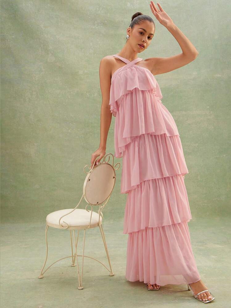 L'Amorae Halter Tiered Chiffon Maxi Dress - Pink