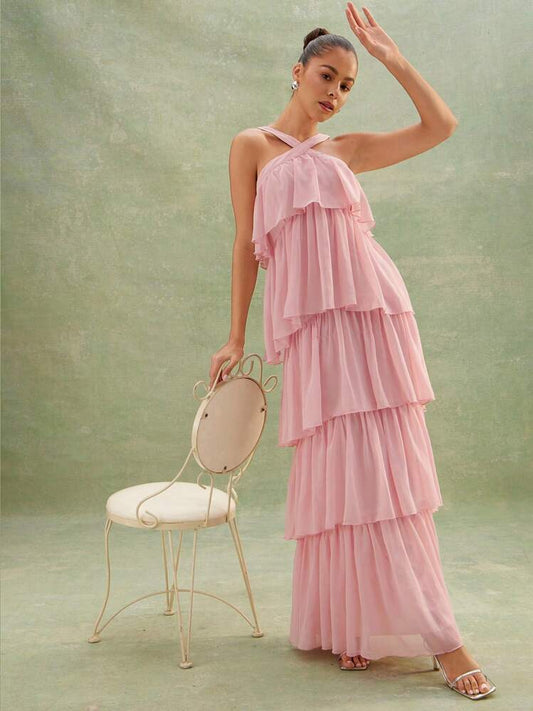 L'Amorae Halter Tiered Chiffon Maxi Dress - Pink