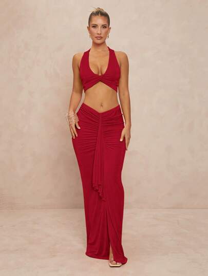 Front -draped red party Maxi Dress