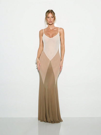 Sheer Mesh Paneled Mermaid Maxi Dress - Multicolor