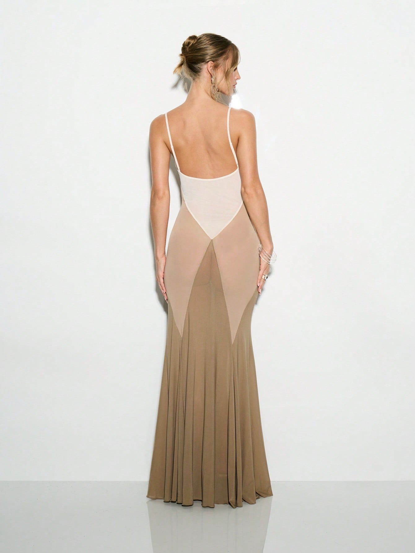 Sheer Mesh Paneled Mermaid Maxi Dress - Multicolor