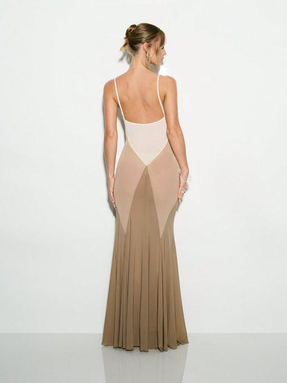 Sheer Mesh Paneled Mermaid Maxi Dress - Multicolor